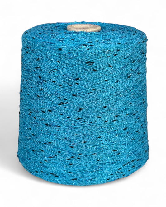 Stellina yarn in Tropical Reef — turquoise sparkle yarn with black knots, cone, top view and close-up with ruler