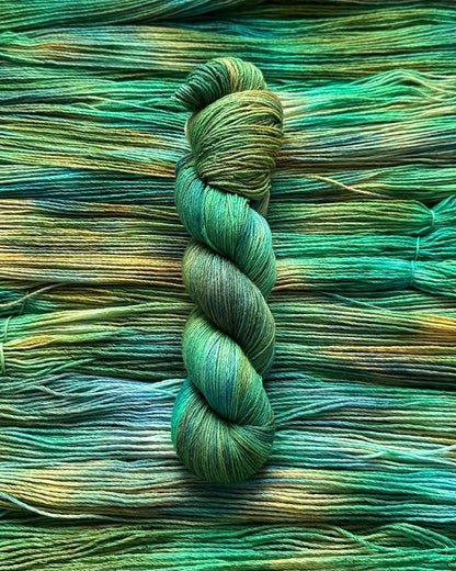 Merino superwash and nylon hand dyed yarn color Forest Eclectic, 100g, 420m