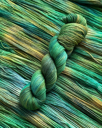 Merino superwash and nylon hand dyed yarn color Forest Eclectic, 100g, 420m