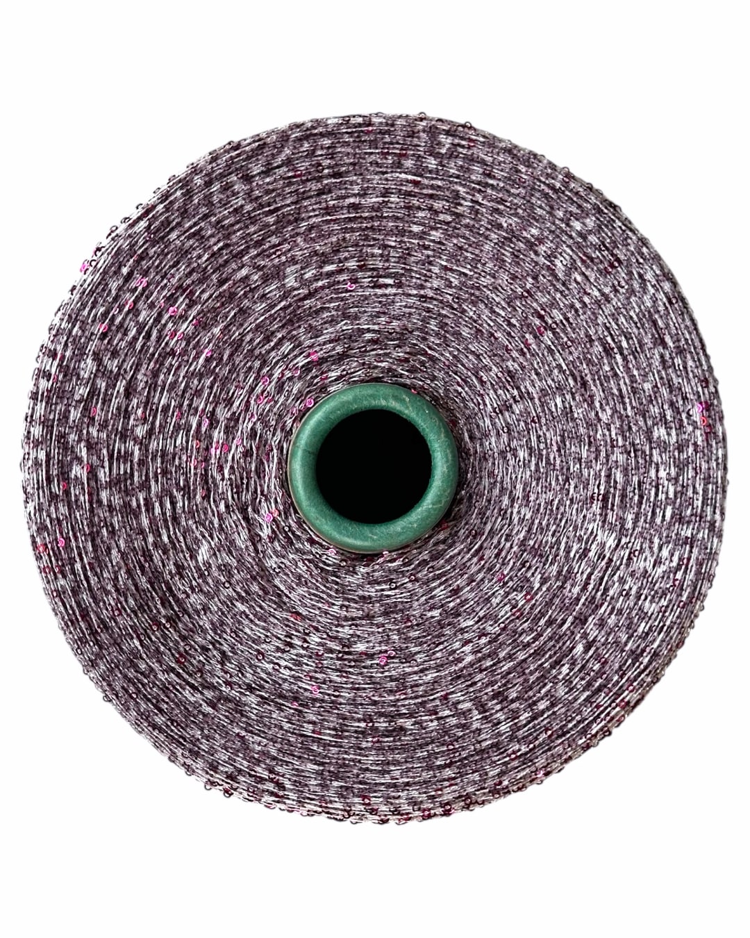 Roll of woven fabric with a green center on a white background