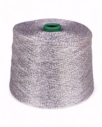 “Lilac Mist” sequin yarn on cone — light lavender base, front view