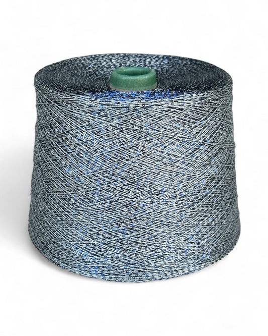 “Blue Frost” sequin yarn — front view with cool sapphire shimmer