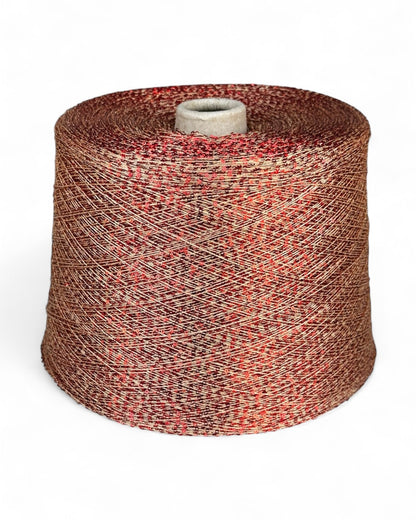 Sequin yarn with red sparkle on caramel base, front view