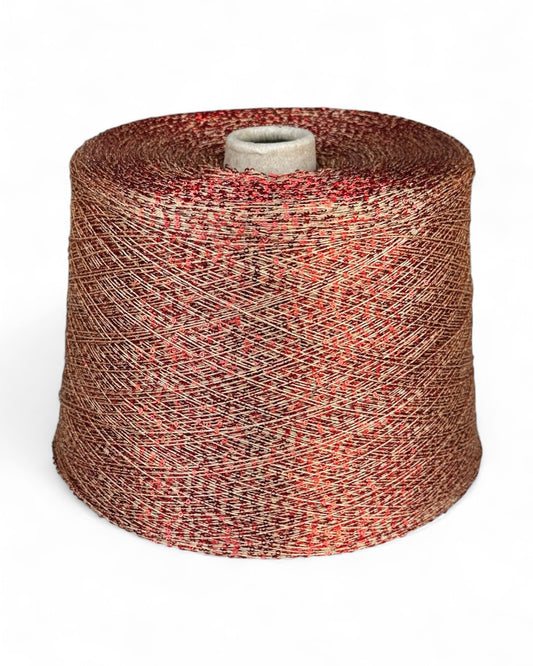 Sequin yarn with red sparkle on caramel base, front view