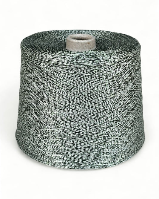 Sequin yarn with sage shimmer on silver base, front view