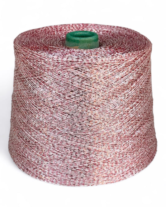 Front view of “Rose Garnet” sequin yarn cone — Sequino collection