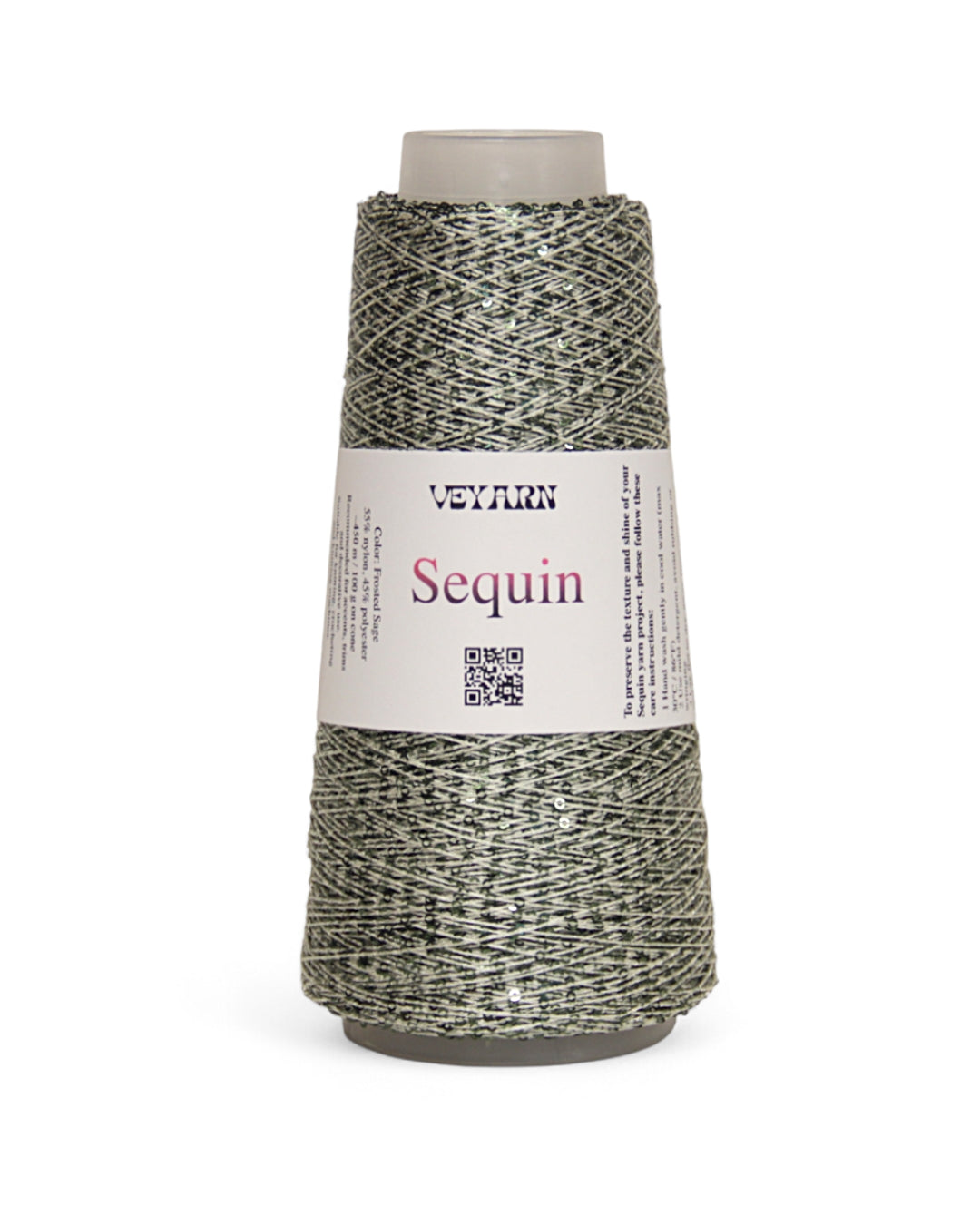 Frosted Sage — sequin yarn with silver base and sage shimmer