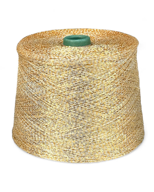 Golden Aura sequin yarn on a light base, front view