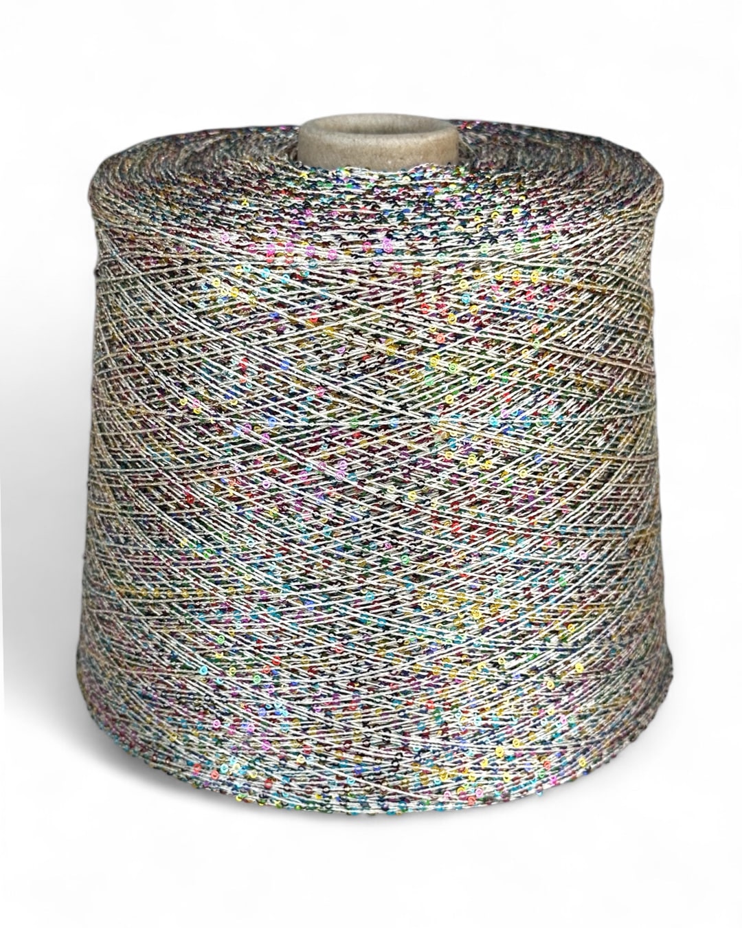Sequin yarn with rainbow sparkle on light base, front view