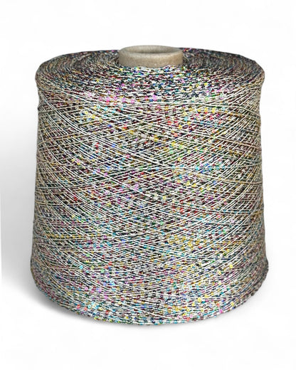 Sequin yarn with rainbow sparkle on light base, front view