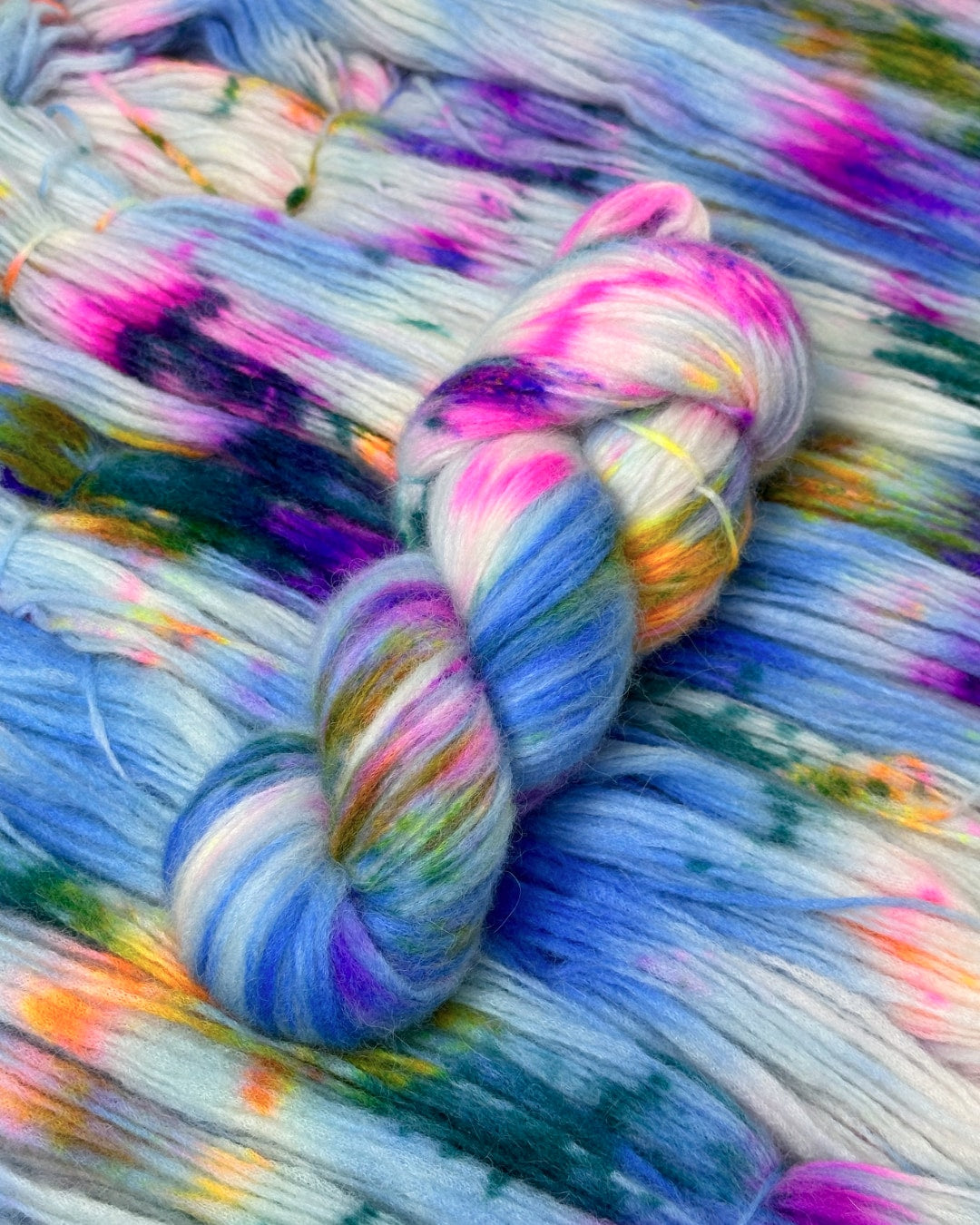 “Luxury Alpaca-Merino Blend”: Soft and lightweight, this yarn combines alpaca, merino wool, and nylon. The color palette includes blues, purples, pinks, yellows, and whites. Perfect for elegant knitwear.