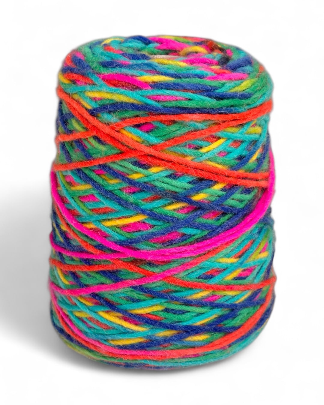Rainbow yarn cone with bright colors on white background — VEYARN